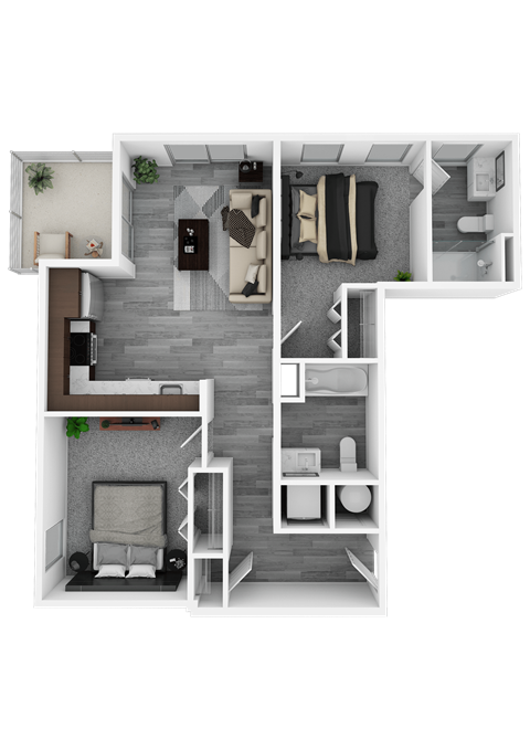 Floor plan for 1 bed, 2 baths, 838 sqft